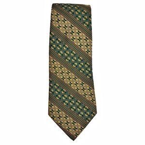 Briar Green Gold Wide Necktie Woven Jacquard Diagonal Stripe Silk Blend Vintage